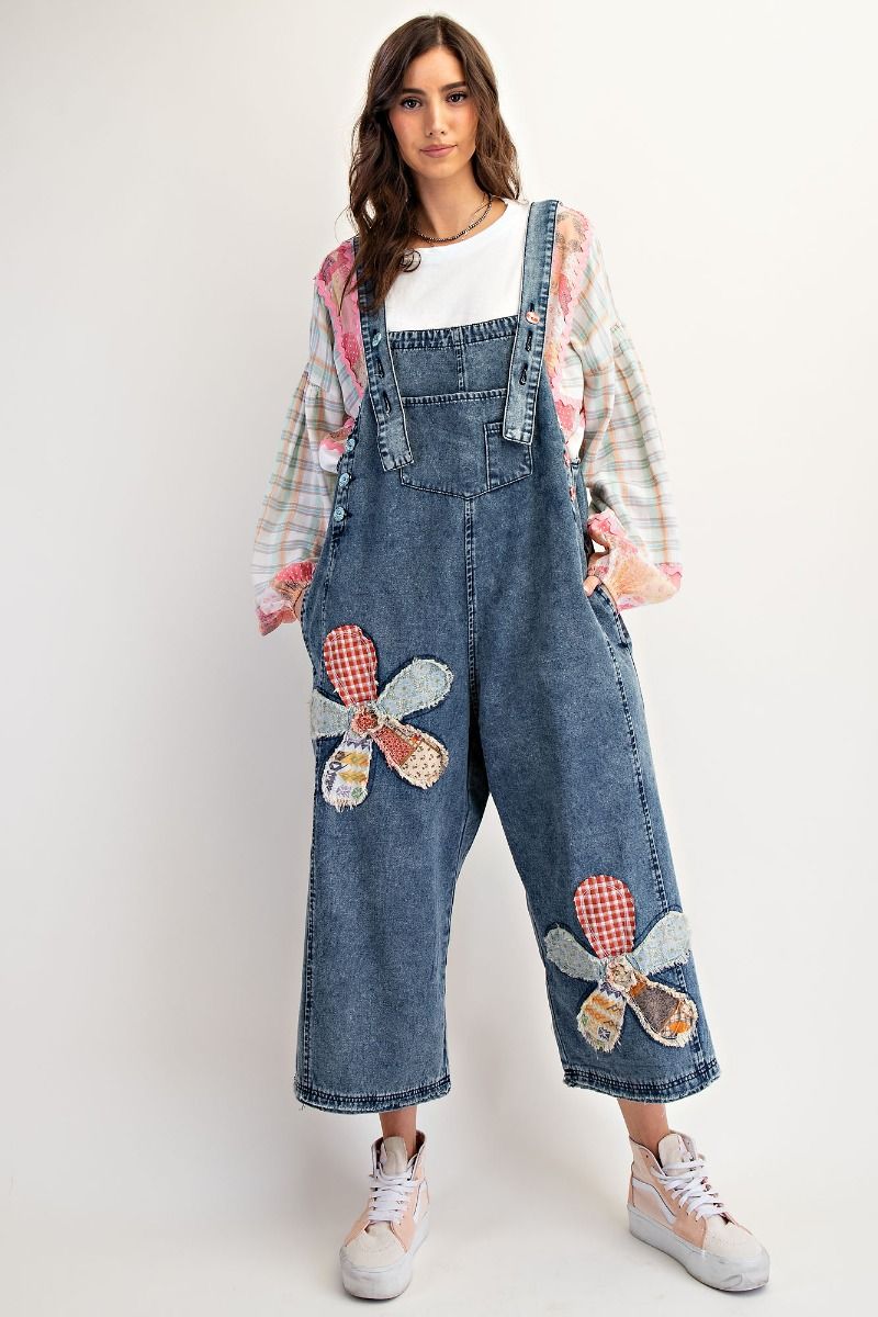 Restock* FLOWER PATCH WASHED DENIM OVERALLS
