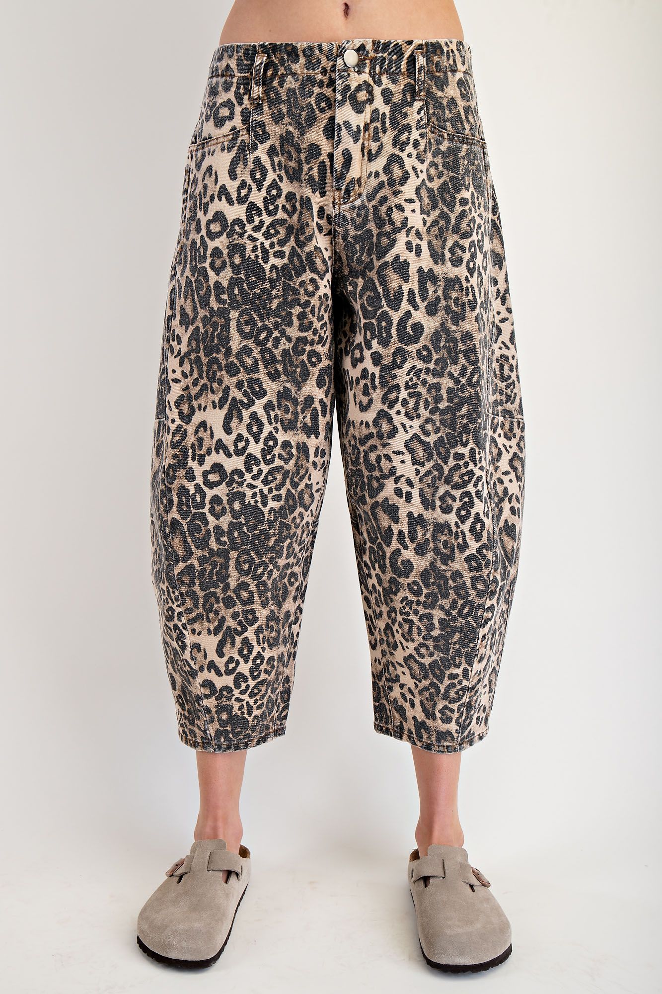 LEOPARD PRINT WASHED TWILL BARREL PANTS