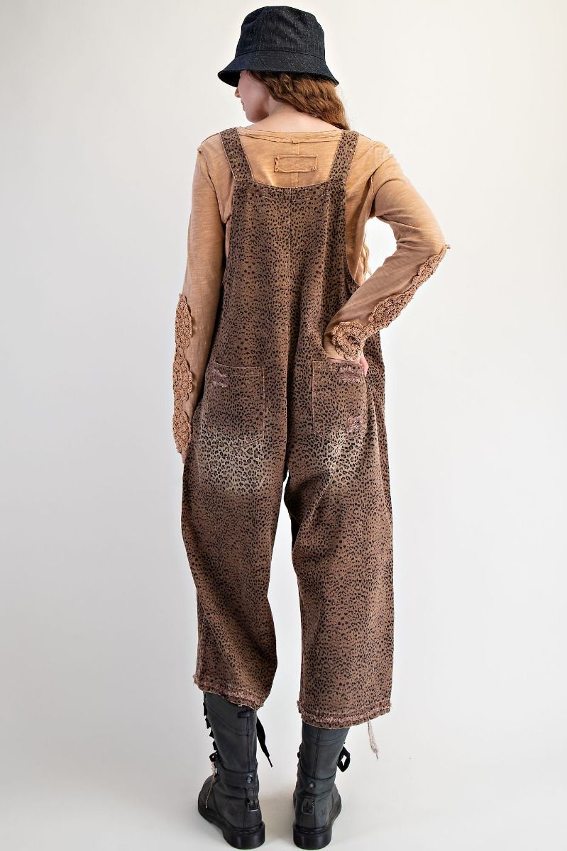 MOCHA ANIMAL PRINTED WASHED DEINIM OVERALLS