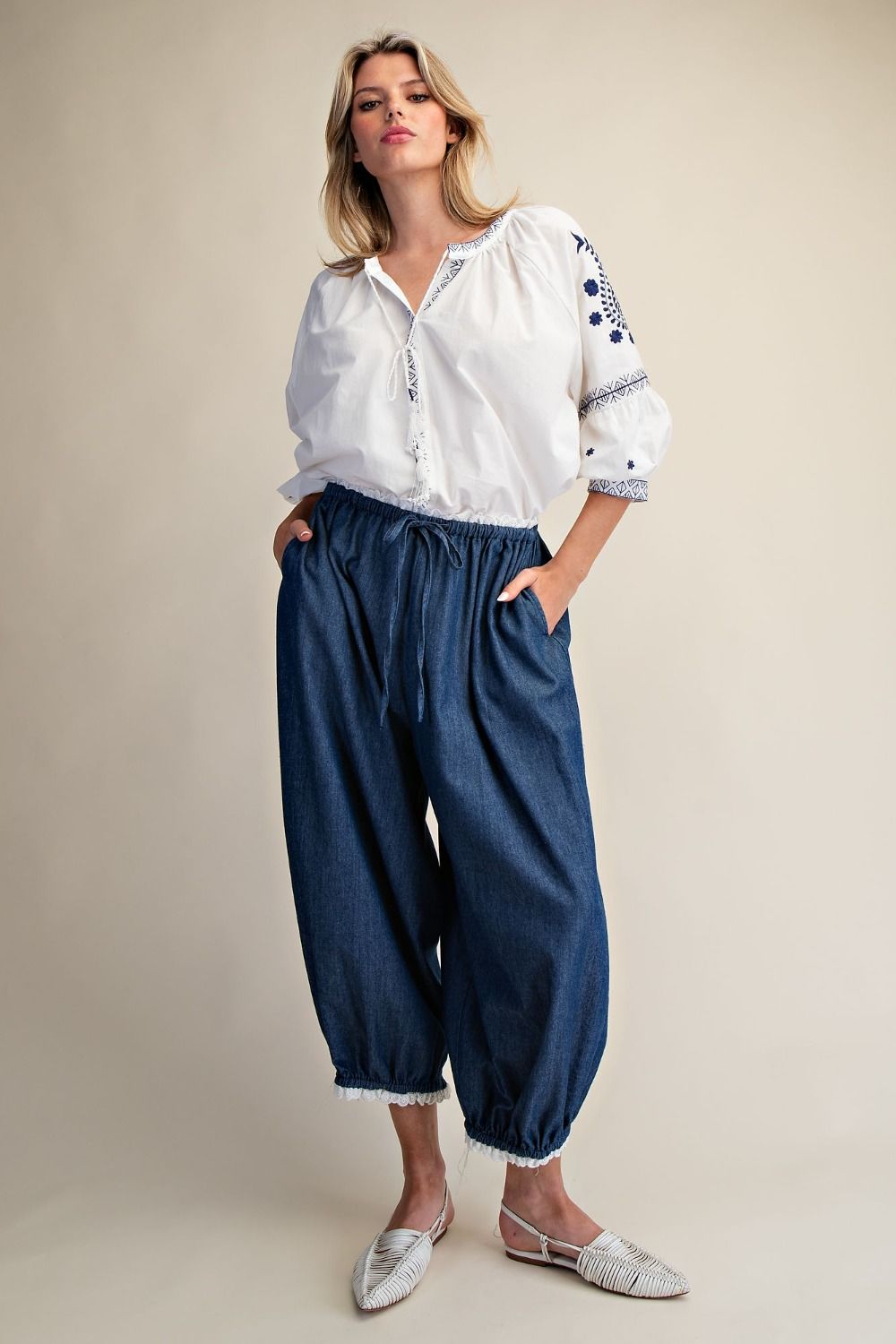 EASEL DARK WASH LACE HEM DETAILING WASHED DENIM PANTS