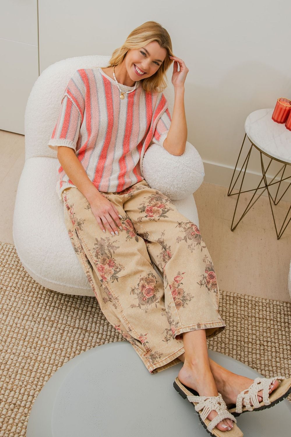 EASEL FLORAL PRINT WASHED TWILL BARREL PANTS in TOAST