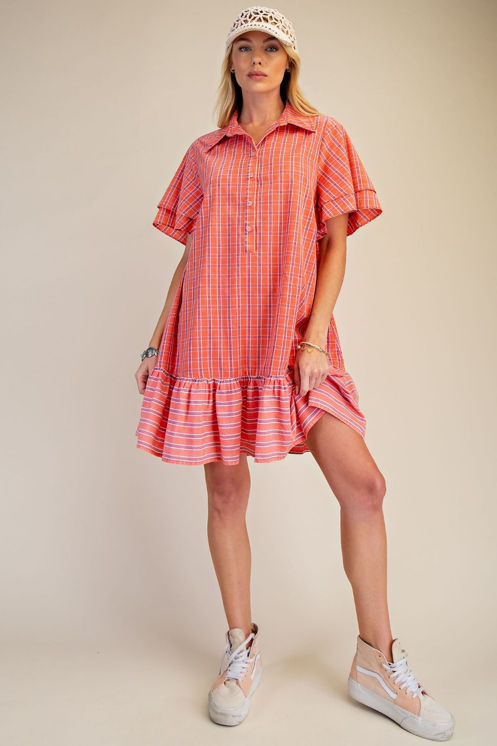 STRIPED RUFFLE BOTTOM WASHED COTTON DRESS
