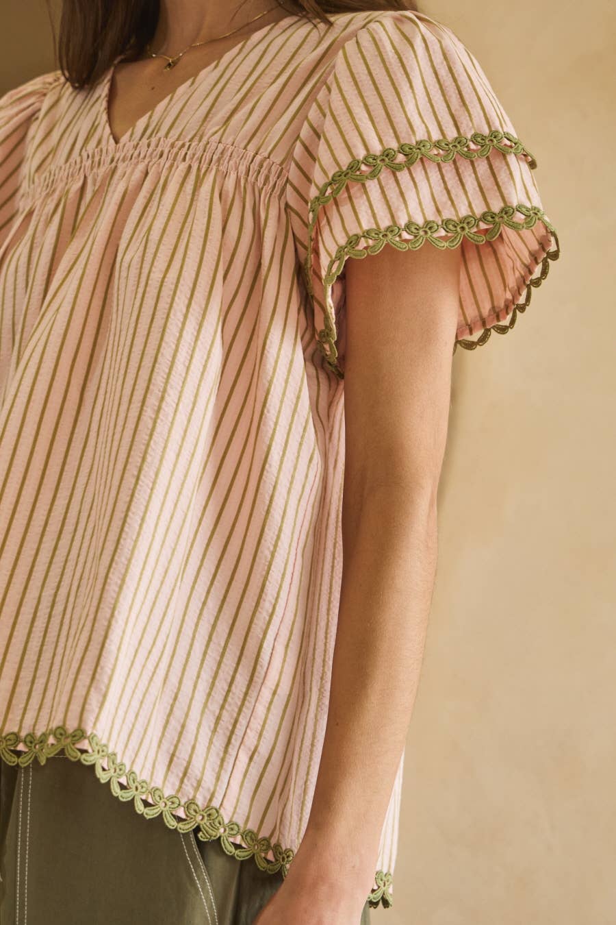 Textured Striped Fabric Flutter Sleeve Top