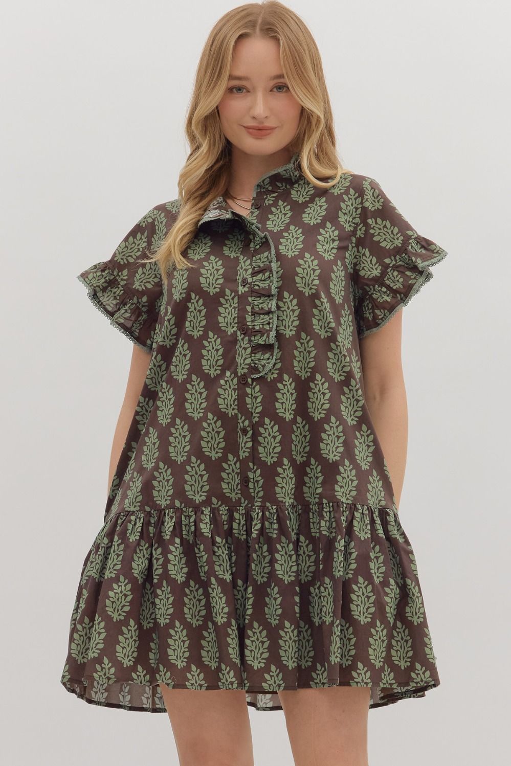 Brown Botanical Print Dress