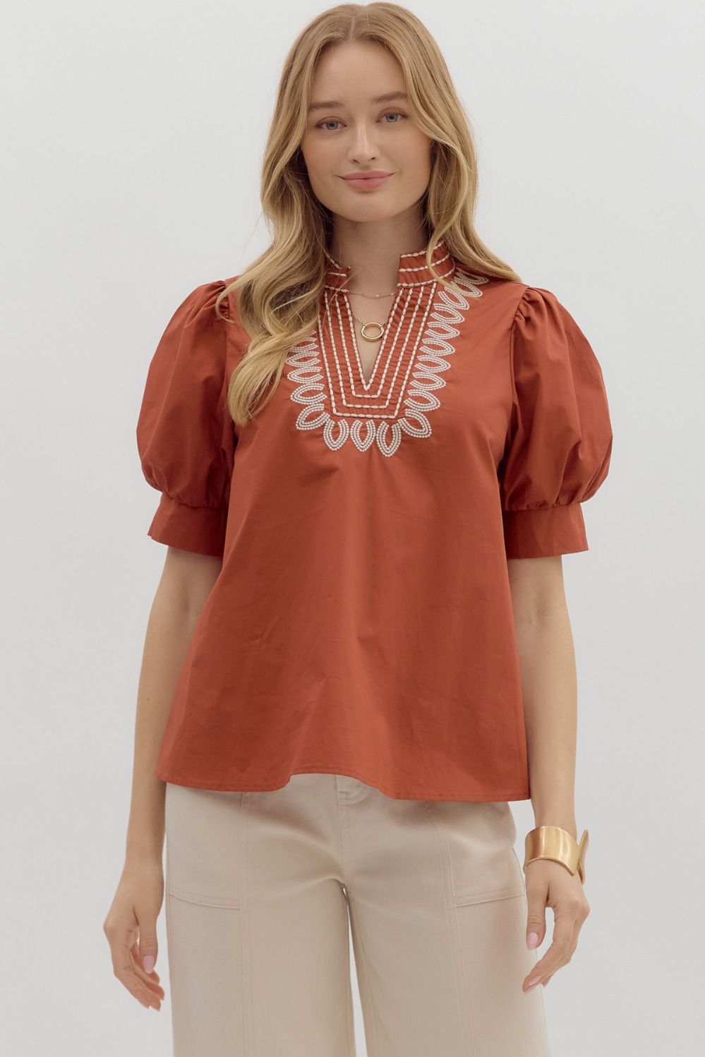 Rust Band Collar Blouse by Entro