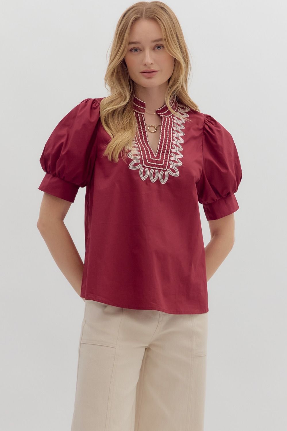 Burgandy Band Collar Blouse by Entro