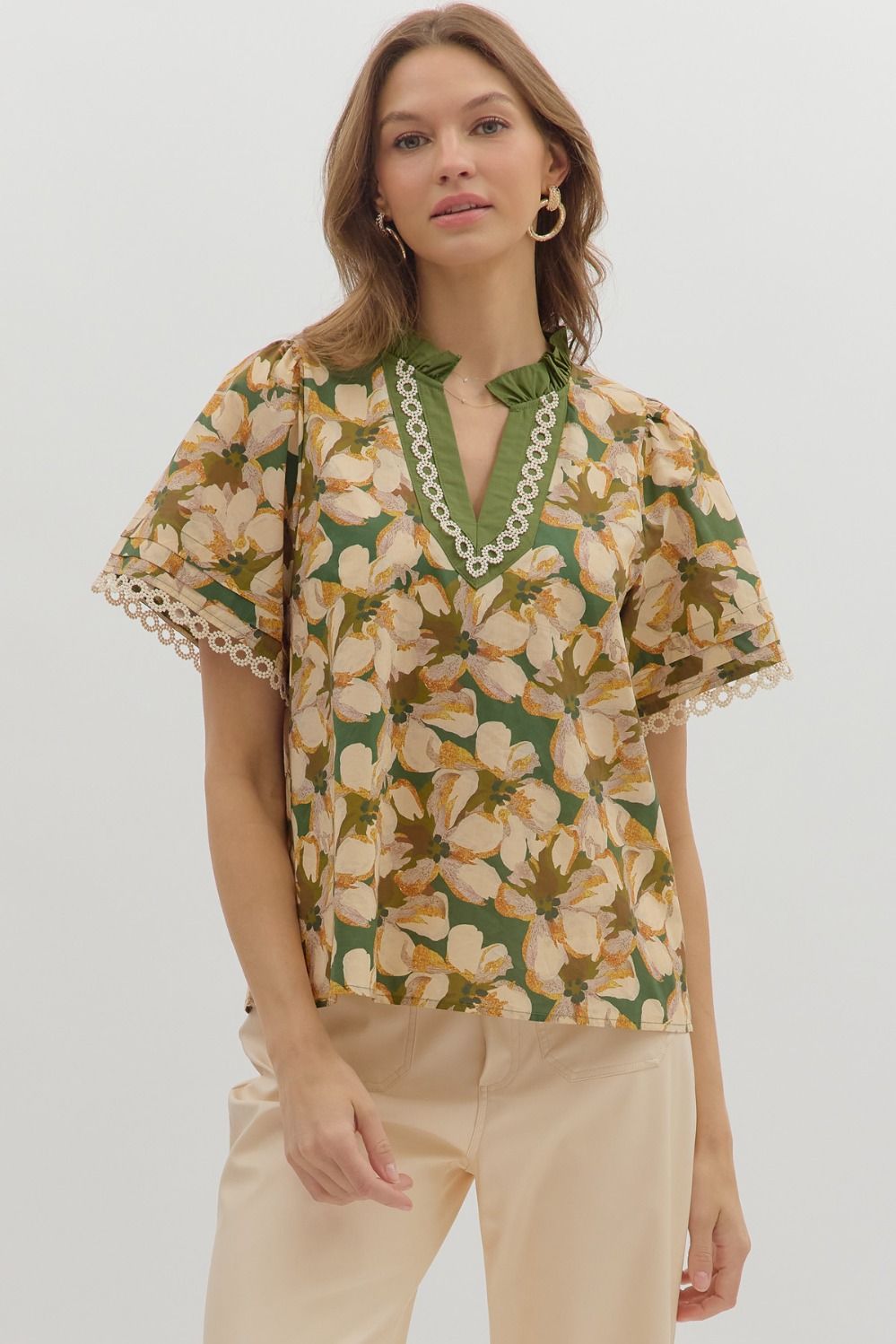 Olive Floral Print Entro Blouse