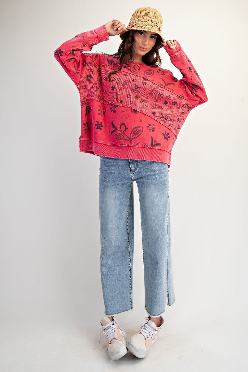 BOHO RED FLORAL PRINTED WASHED TERRY PULLOVER
