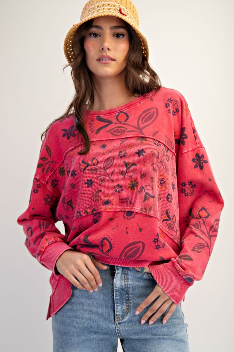 BOHO RED FLORAL PRINTED WASHED TERRY PULLOVER