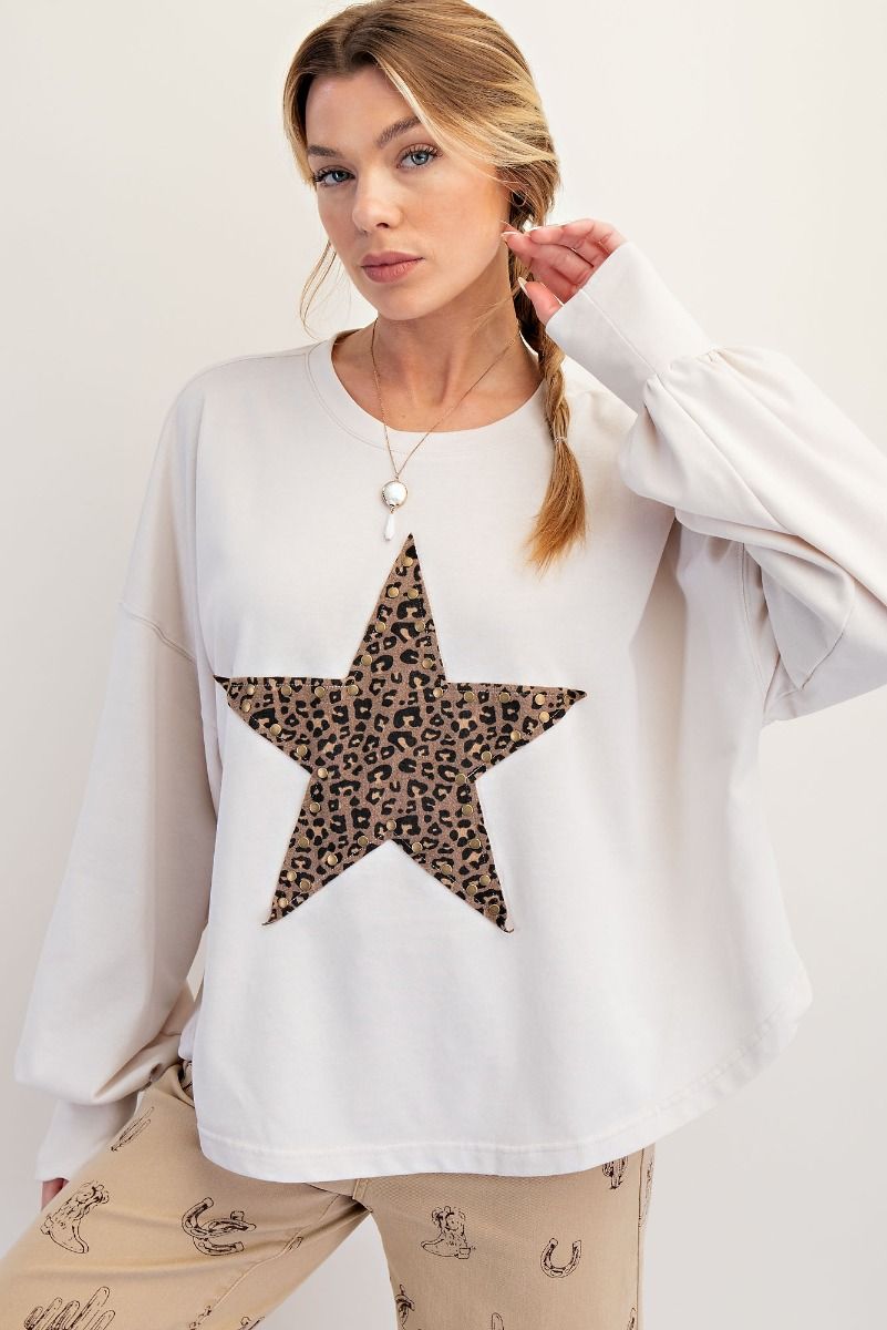 ANIMAL STAR PATCH MINERAL WASHED POLY RAYON KNIT TOP