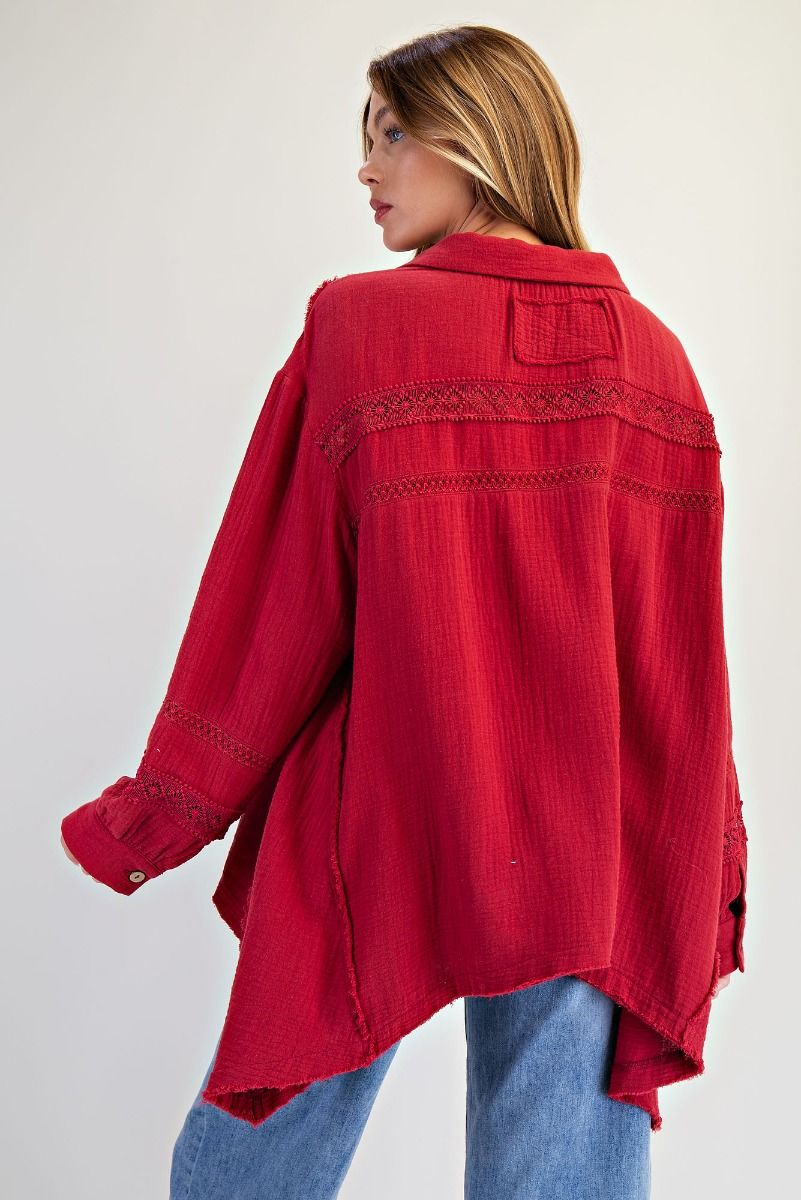 RED WINE SHARKBITE SOFT WASHED COTTON GAUZE TUNIC
