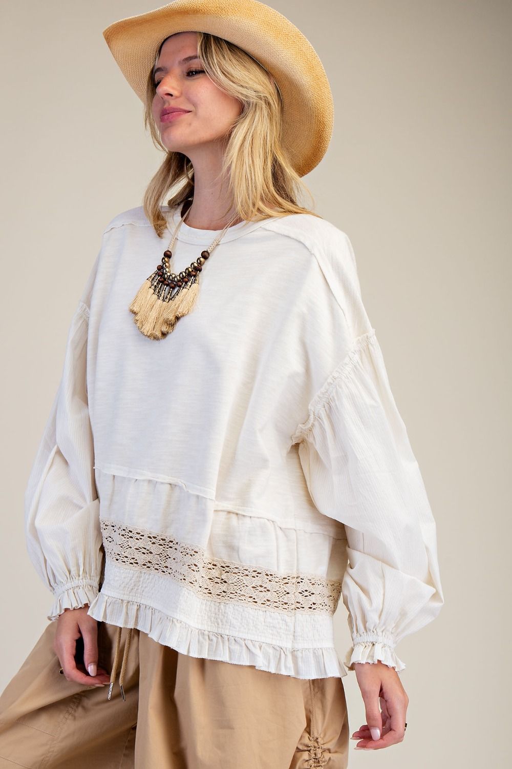 NATURAL LACE MIX RUFFLE BOTTOM WASHED TOP