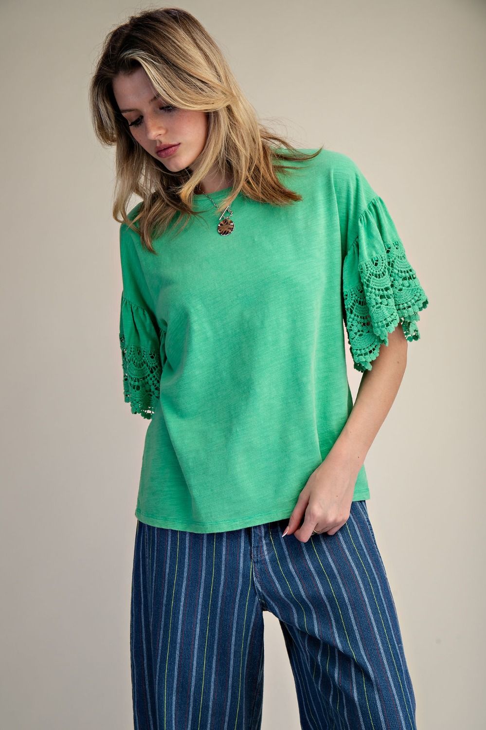 GREEN WING SLEEVES WASHED COTTON SLUB TOP