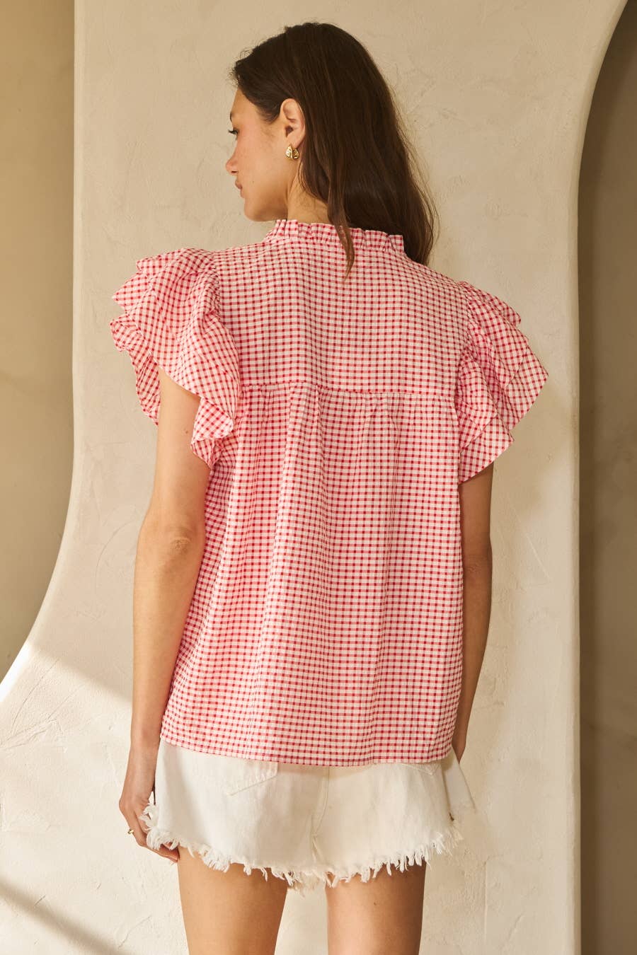 Red Seersucker Checkered Printed Top