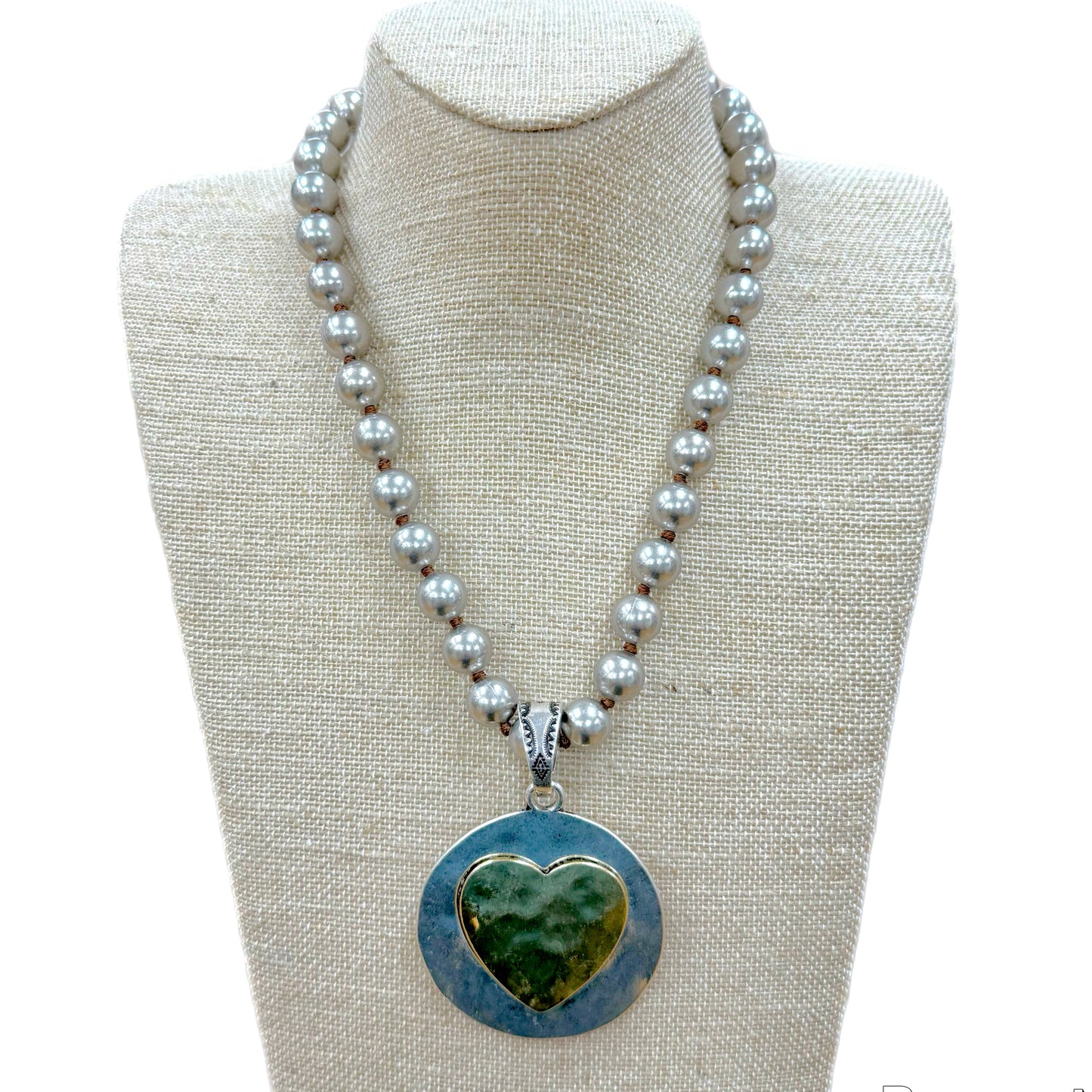 Two Tone Heart Coin Pendant on Faux Navajo Pearl Necklace