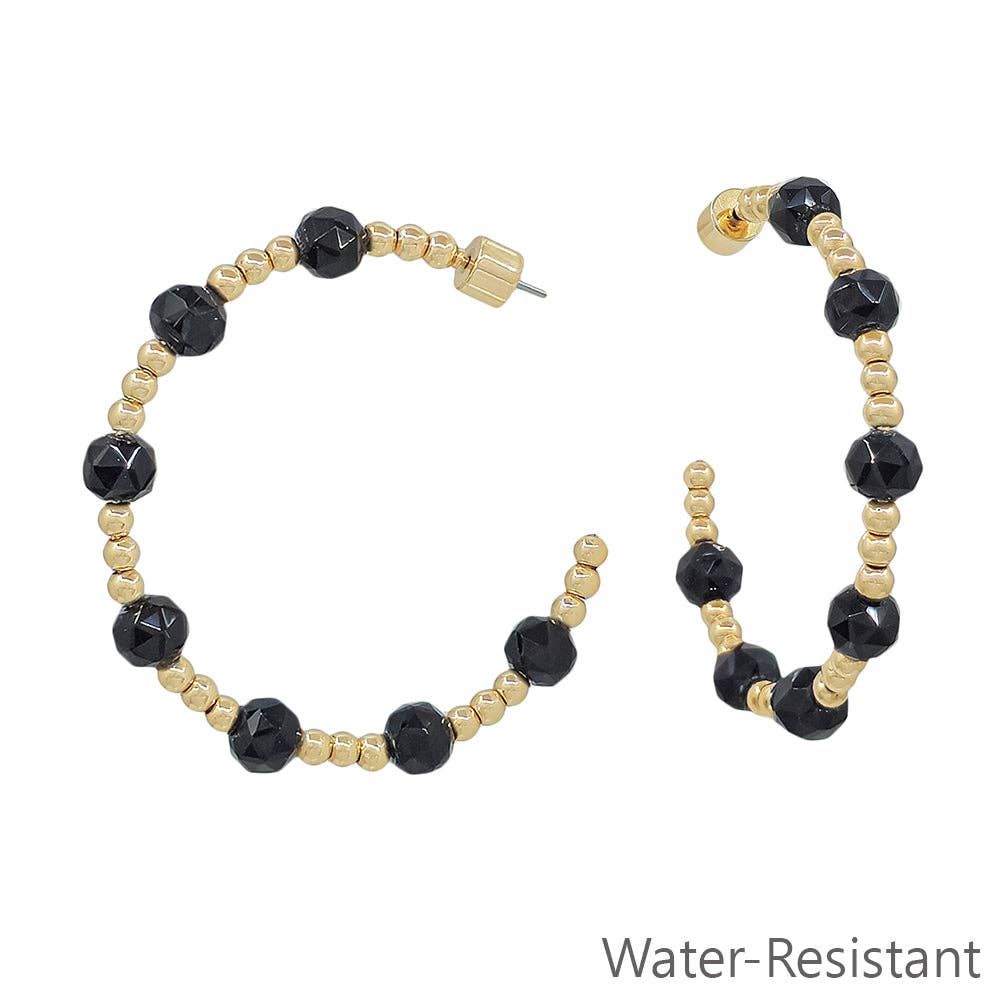 Water Resistant Gold Beaded with Black Crystal 2" Hoop Earring