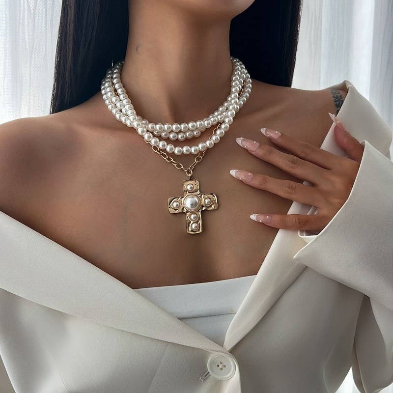 MULTI WRAP PEARL BEADED CROSS CHARM NECKLACE | 40NK9599: GOLD