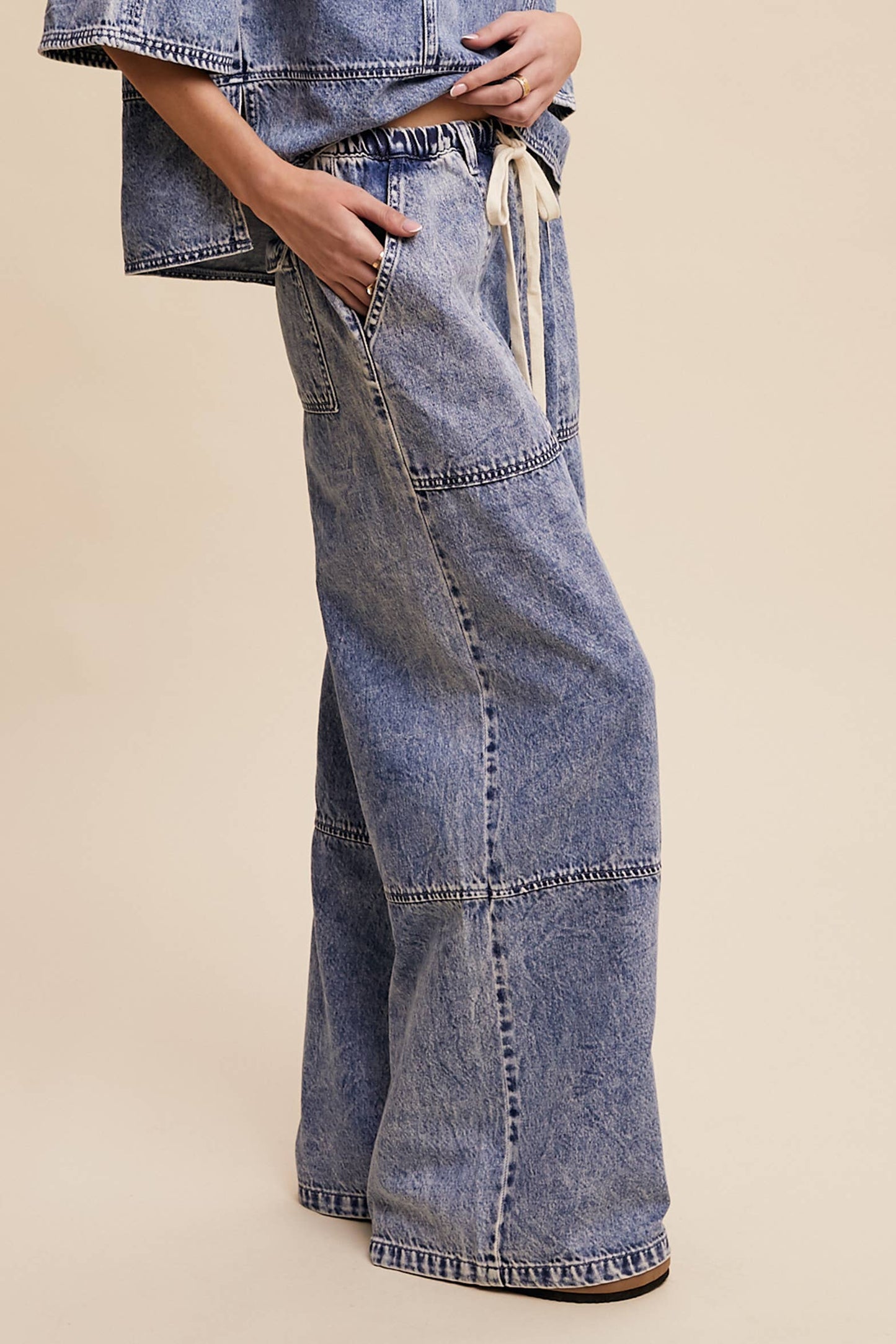 Wide-Leg Denim Drawstring Pants