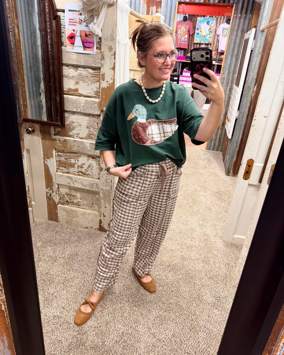 AnnieWear Soft Brushed Check Barrel Fit Utility Pants - Mocha