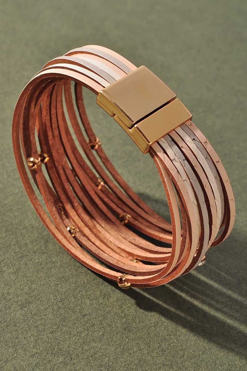 LEATHER MULTI STONE STUDDED MAGNETIC BRACELET