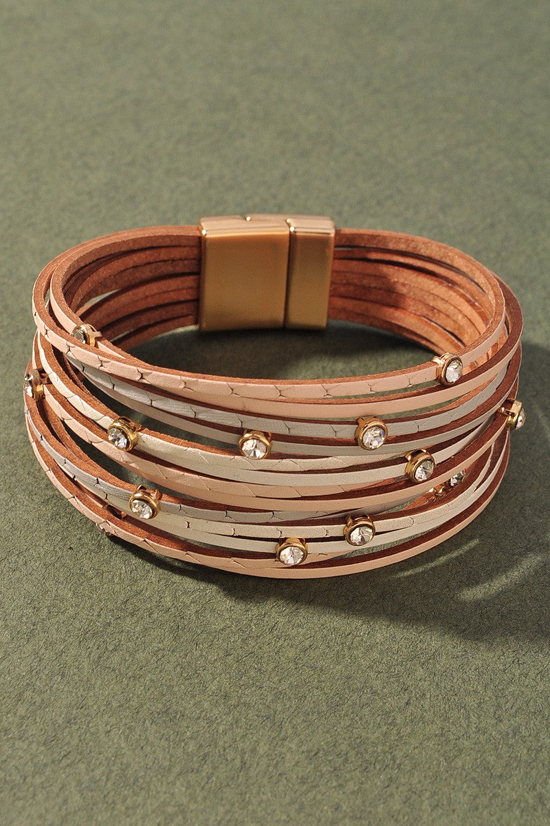 LEATHER MULTI STONE STUDDED MAGNETIC BRACELET