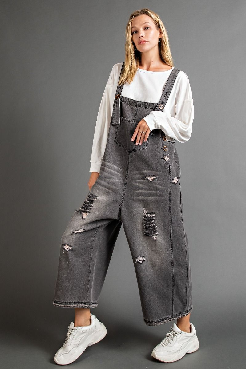 Grunge Black Distressed Denim Overalls