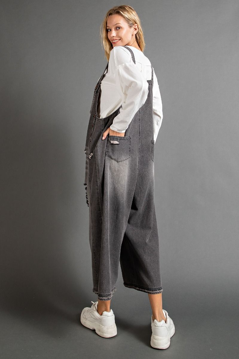 Grunge Black Distressed Denim Overalls