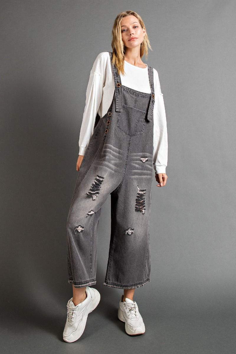 Grunge Black Distressed Denim Overalls