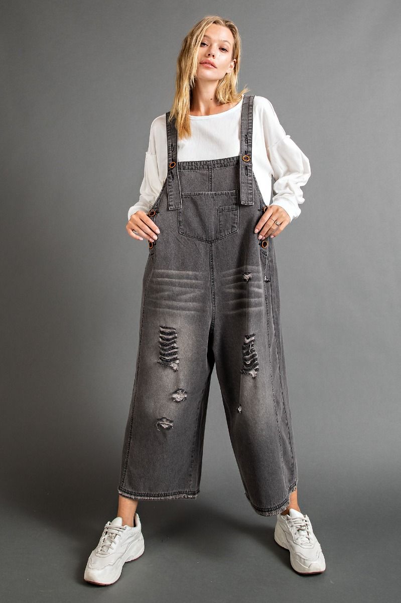 Grunge Black Distressed Denim Overalls