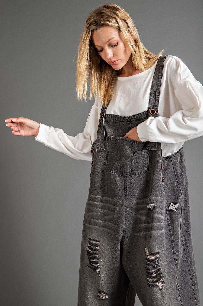 Grunge Black Distressed Denim Overalls