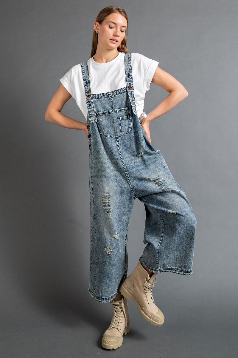 Grunge Denim Distressed Overalls