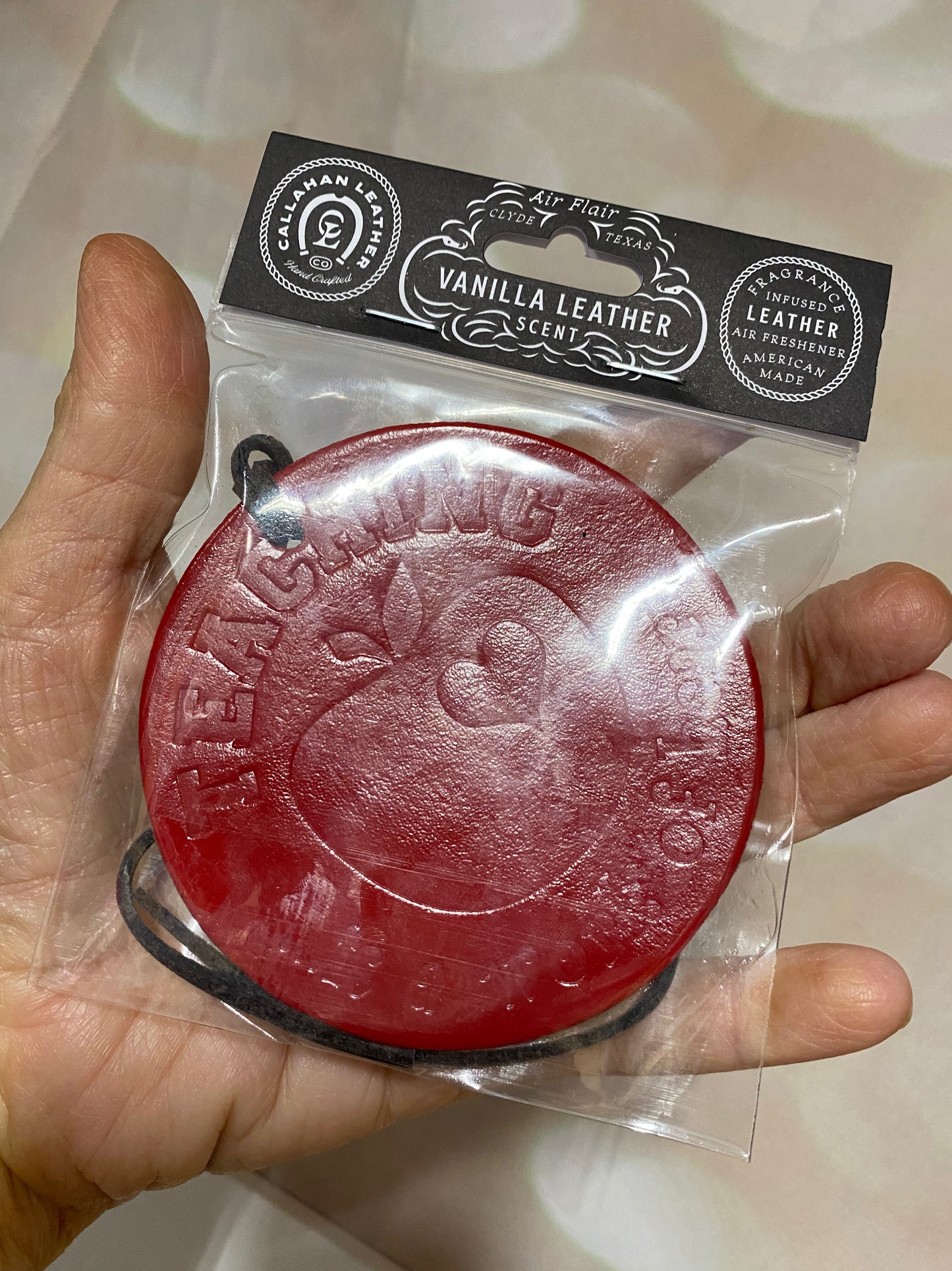 Round Teacher Car Freshie Vanilla Leather Red in Color