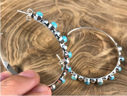 BOHO SOL Turquoise & Silver Hoops 925 Sterling Earrings
