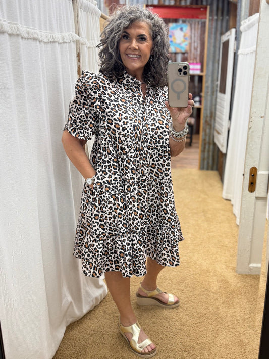 Collared Button Down Tiered Animal Print Dress