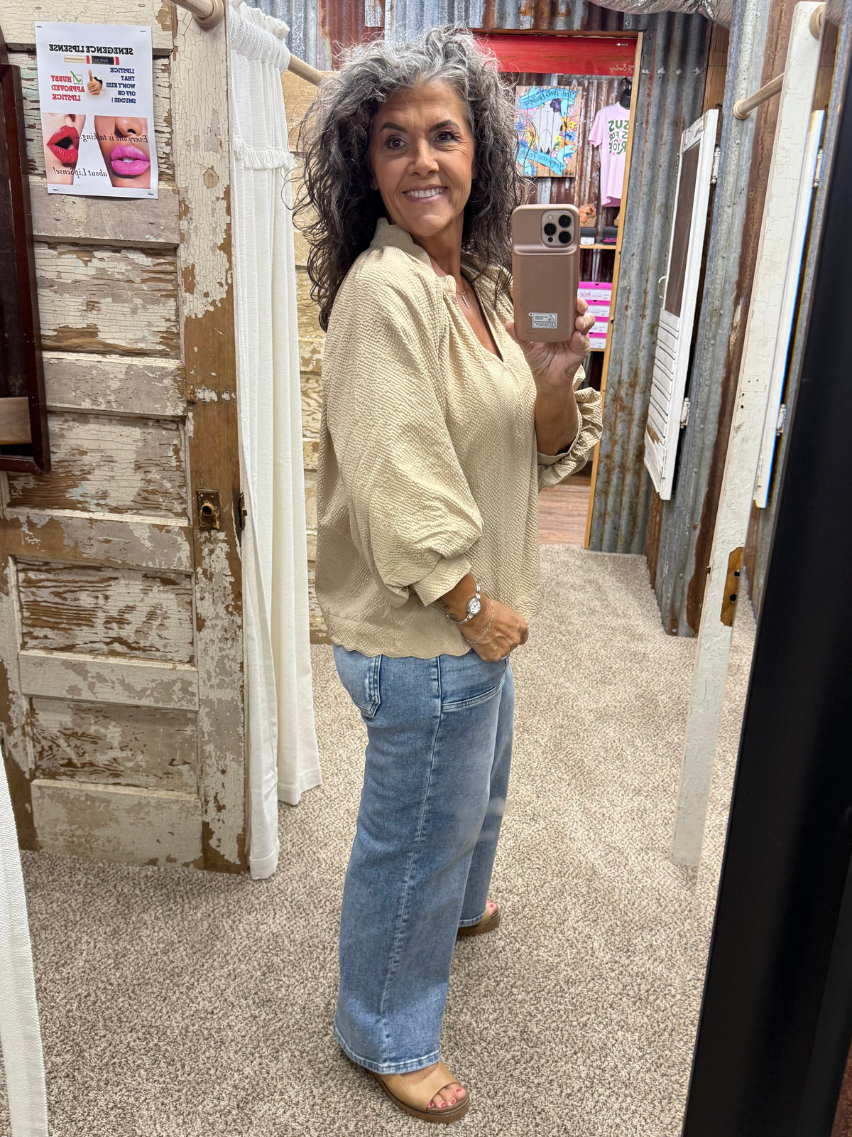 Umgee Tan Split V Neck Top with Balloon Sleeves