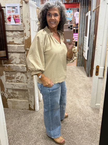 Umgee Tan Split V Neck Top with Balloon Sleeves
