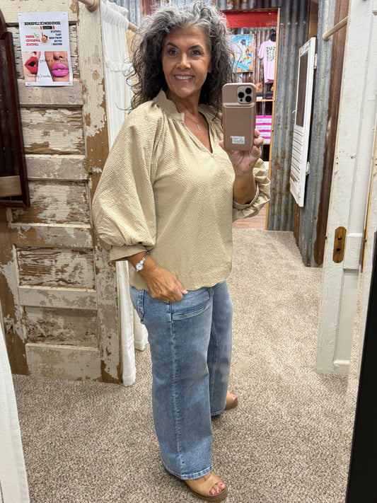 UMGEE Tan Split V Neck Top with Balloon Sleeves