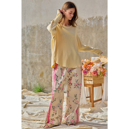 FLOWER PRINTED TWILL SIDE TRIM ELASTIC WAIST PANTS