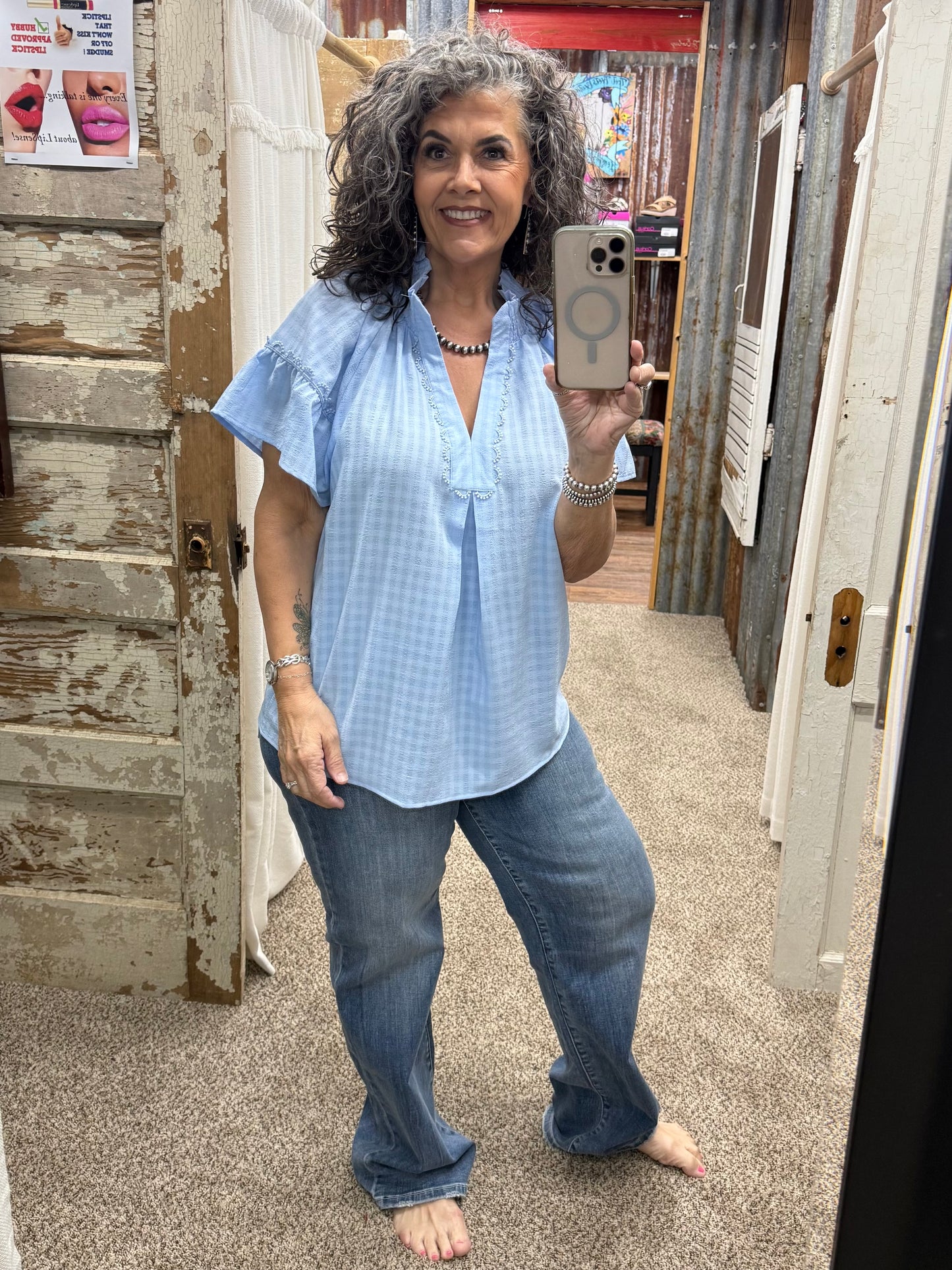 UMGEE Ice Blue Trim Puff Sleeve Top