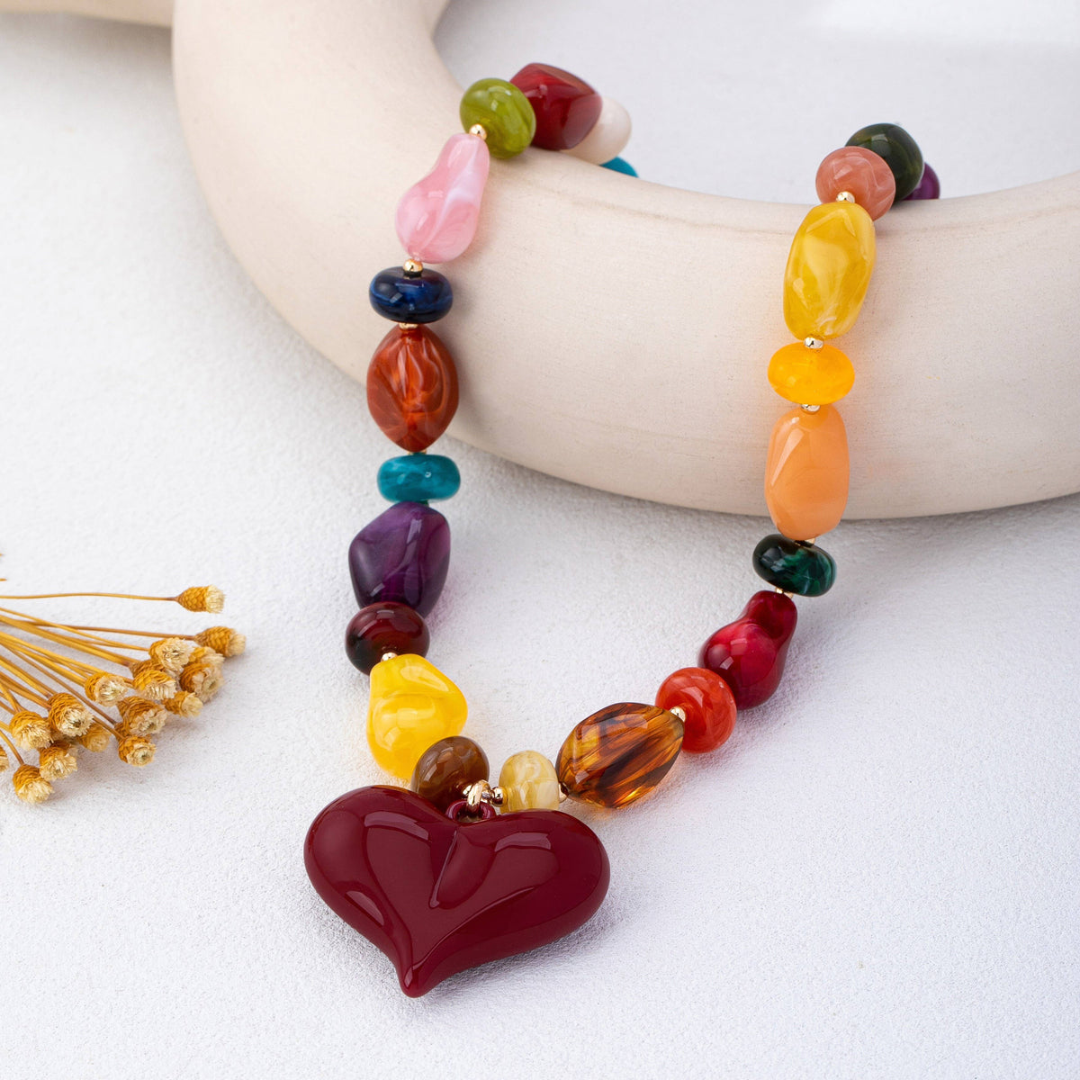 Chunky Multicolor Bead Heart Pendant Necklace | 80N93690: MULTI