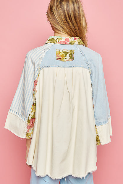 Denim and Printed Button Down Top