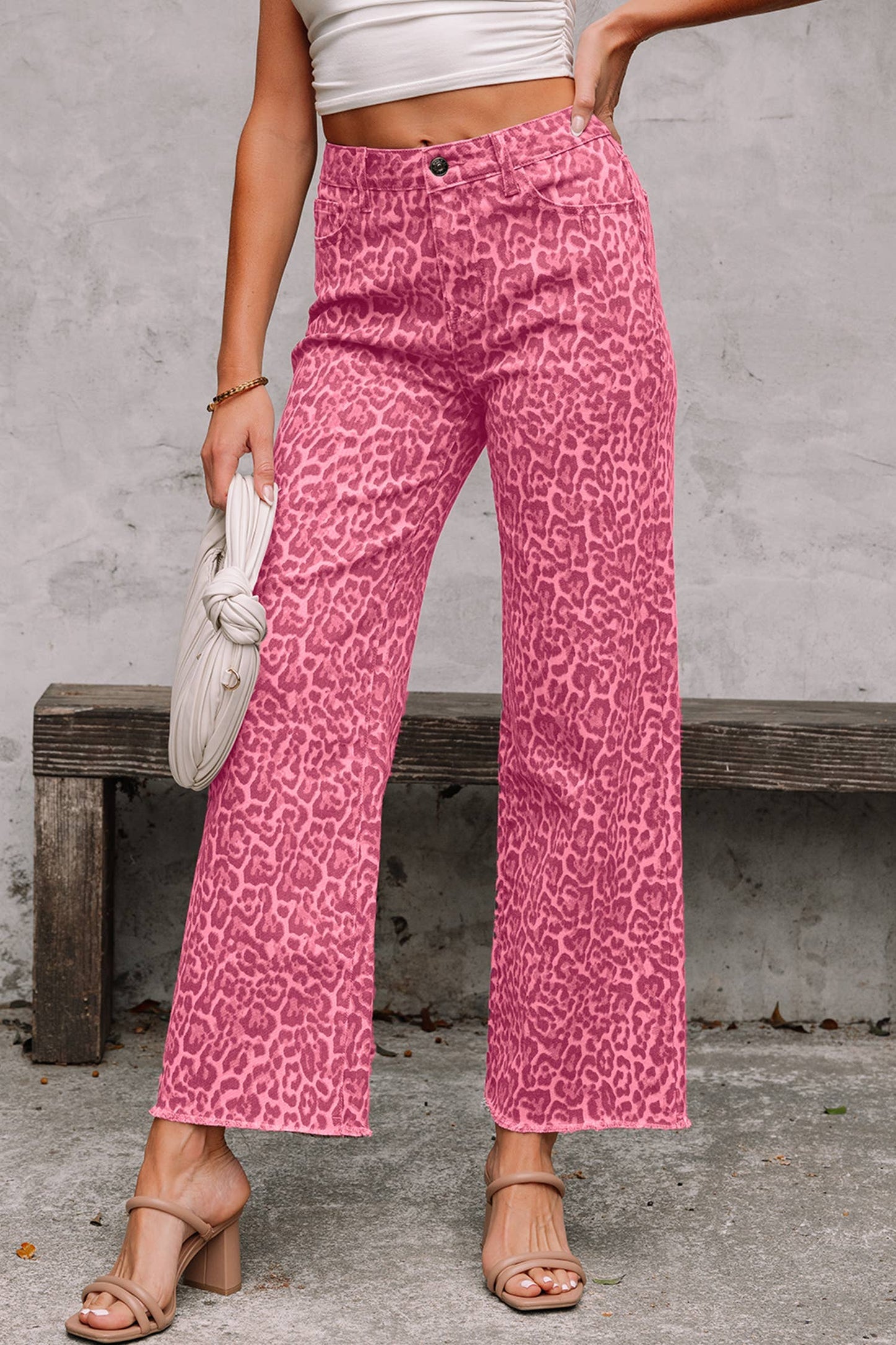 Leopard Frayed Edge Wide Leg High Waist Jeans