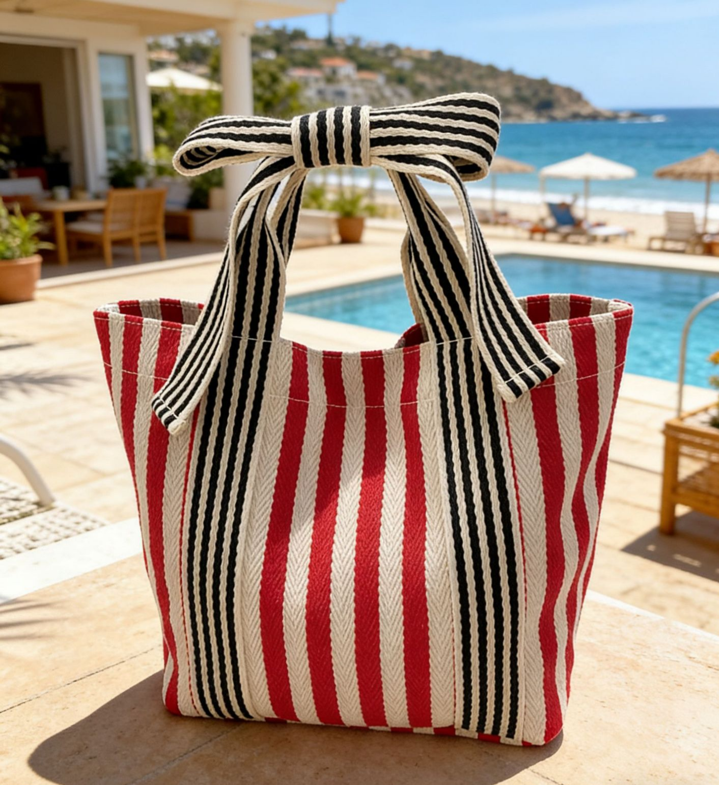 Beige Mini Striped Tote Bag Beach Bow Handle Bag