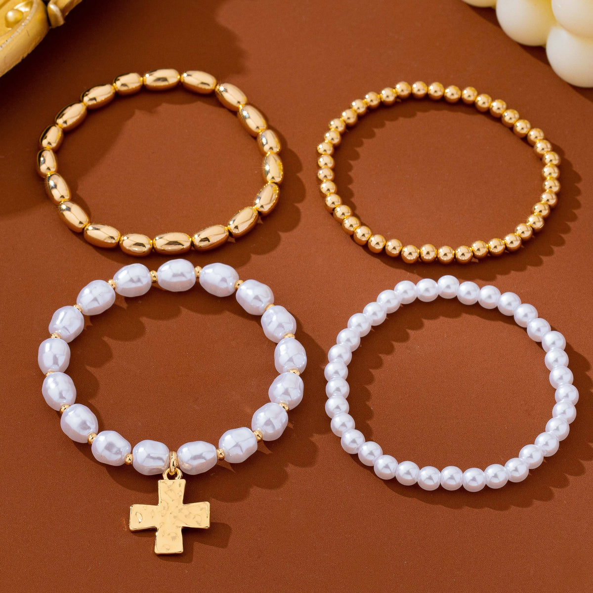Pearl & Gold-Tone Beaded Cross Bracelet Set | 80B1910: SET