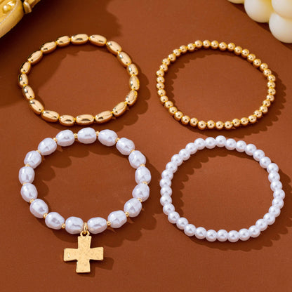 Pearl & Gold-Tone Beaded Cross Bracelet Set | 80B1910: SET
