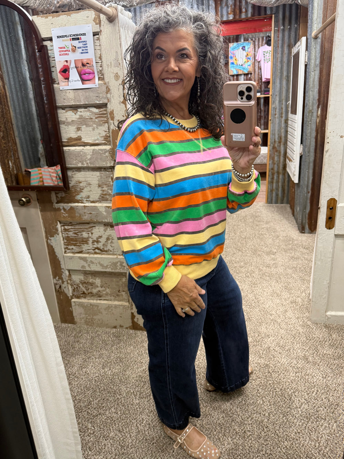 Mineral Washed Terry Stripe Pullover: HONEY COMBO