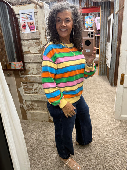 Mineral Washed Terry Stripe Pullover: HONEY COMBO