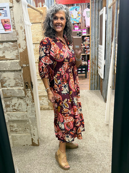 UMGEE Burgundy Boho Paisley Tiered Midi Dress