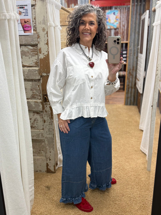 RUFFLE BOTTOM WASHED TWILL PANTS