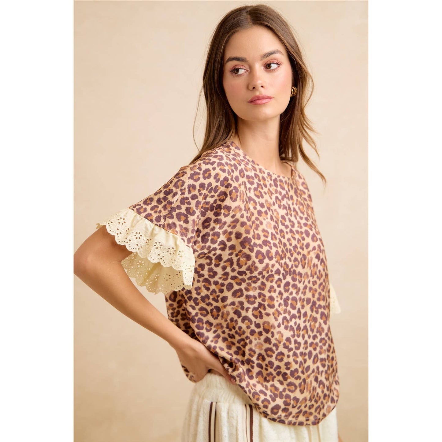 LEOPARD AND EYELET LACE RUFFLED TOP AND SHORTS SET